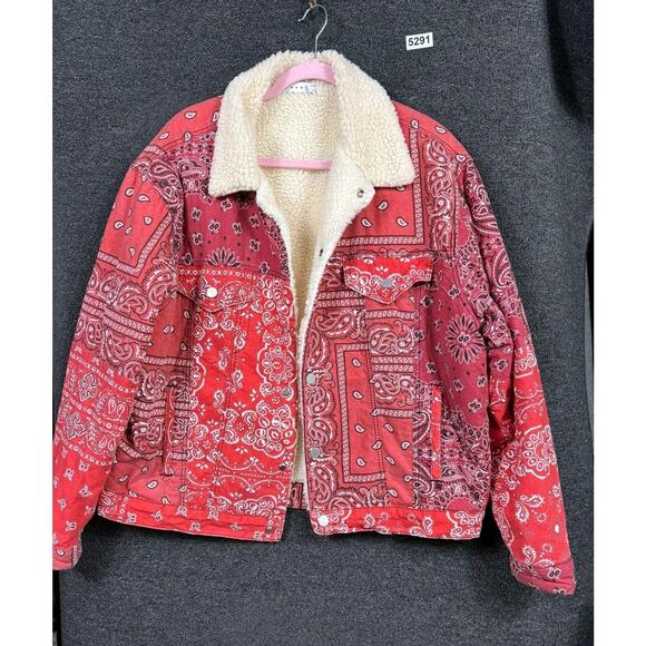 MNML Jacket Mens XL Red Sherpa Lined Trucker Bandana Paisley Cotton Streetwear - Picture 1 of 6
